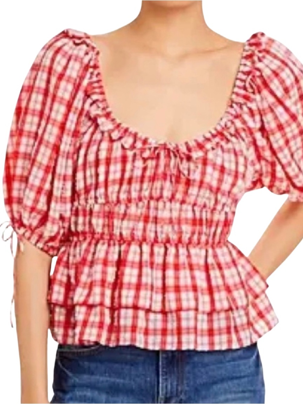 En Saison Smocked Top, Red White Gingham Peasant Blouse, Size XS